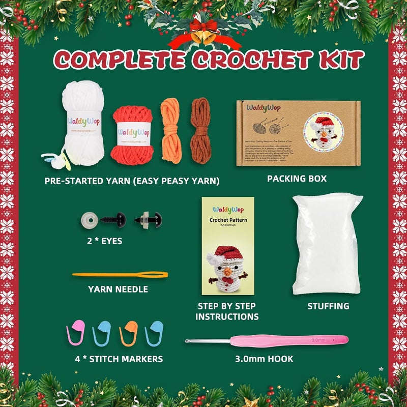 WaldyWop Christmas Snowman Crochet Kit for Beginners, Crochet Starter Kit for Kids Adults, Learn to Crochet w/Step-by-Step Video Tutorials, Pre-Started Yarn, Hook, DIY Amigurumi Craft Gifts for Christmas Décor - Image 3